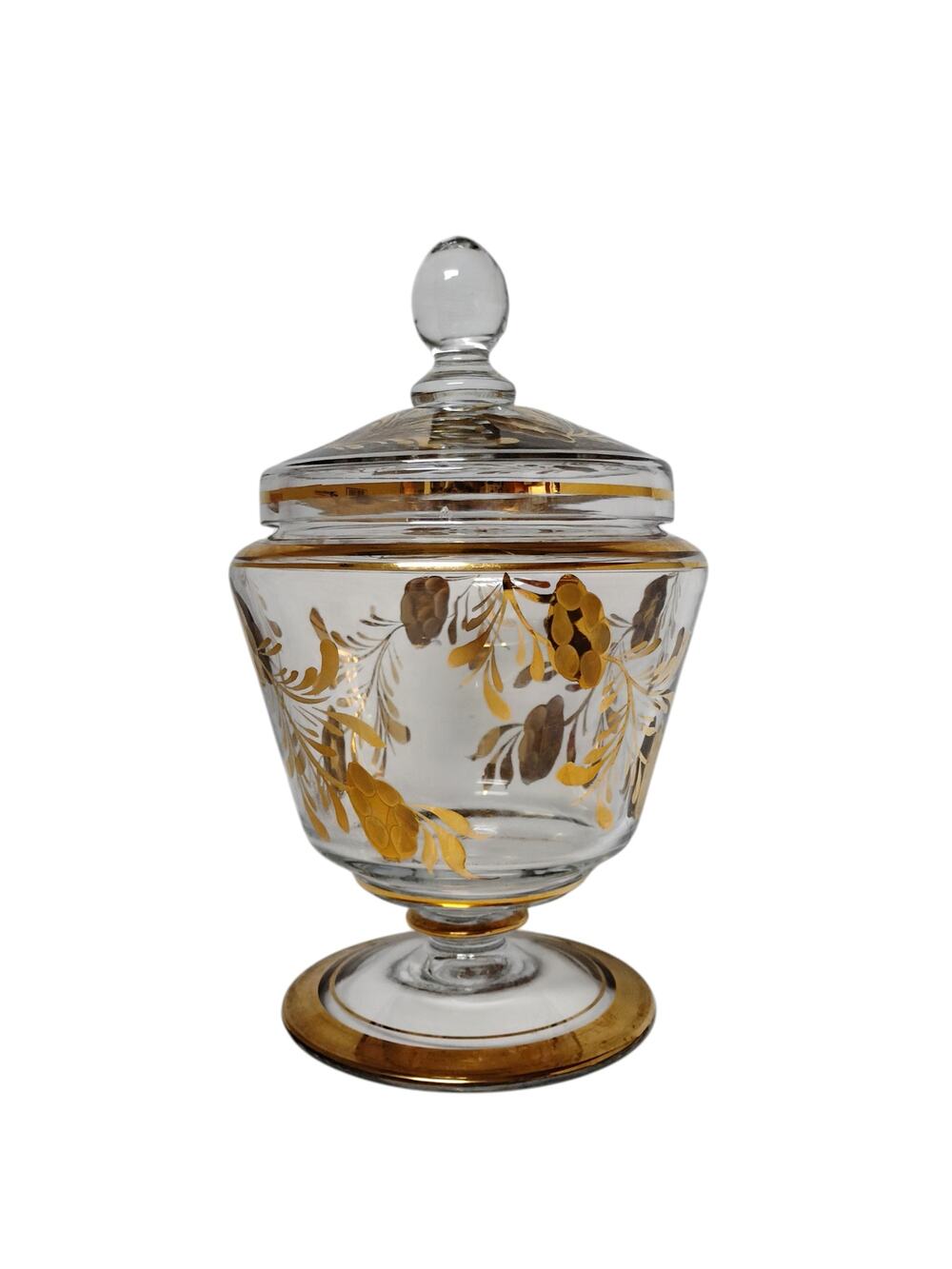 Vintage🏺Gold Leaf Etched Glass Pedestal Covered Dish Jar Lid Gilded Toscany MCM